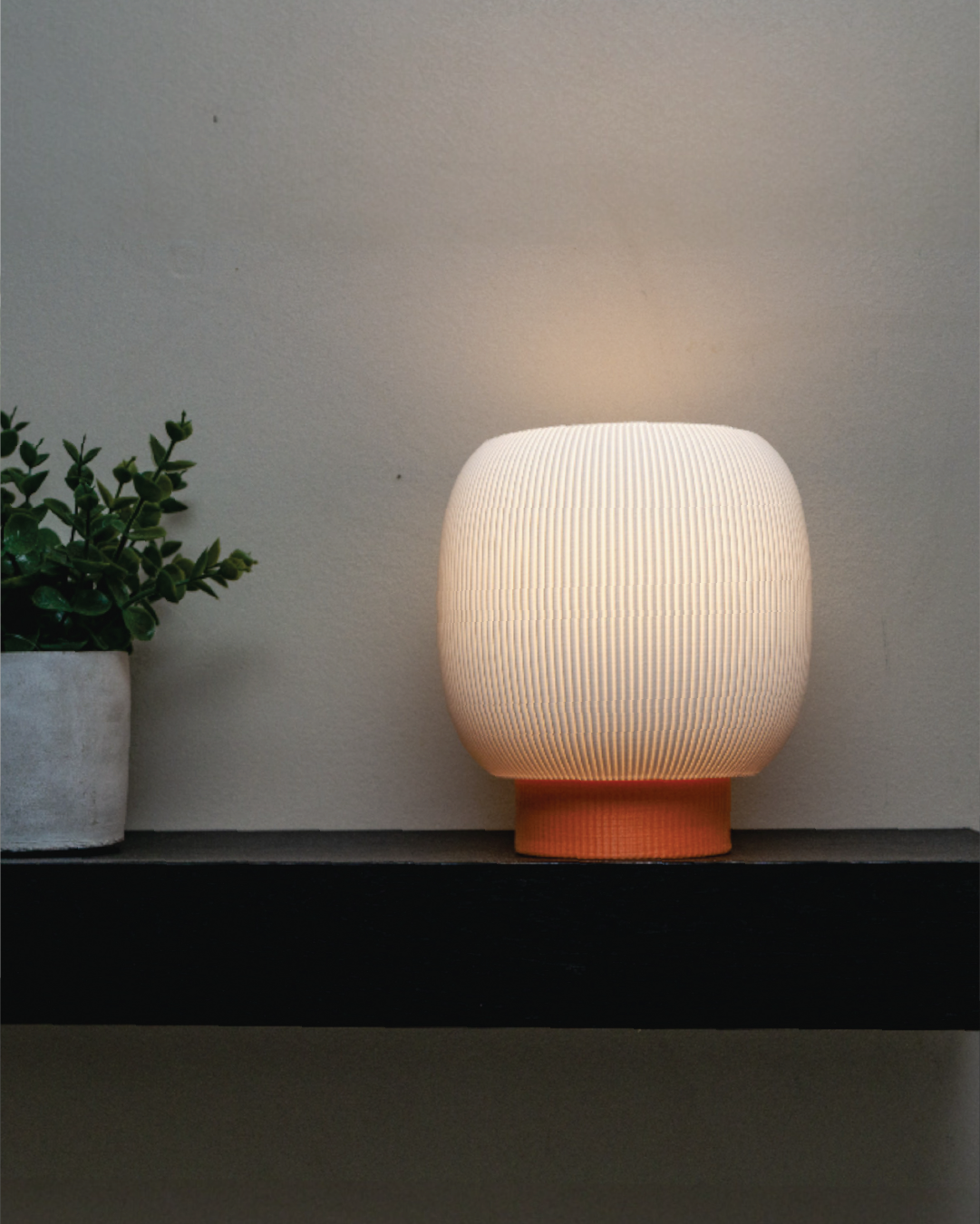 A small, round lamp with a ribbed texture sits on a black shelf next to a potted plant against a plain wall.