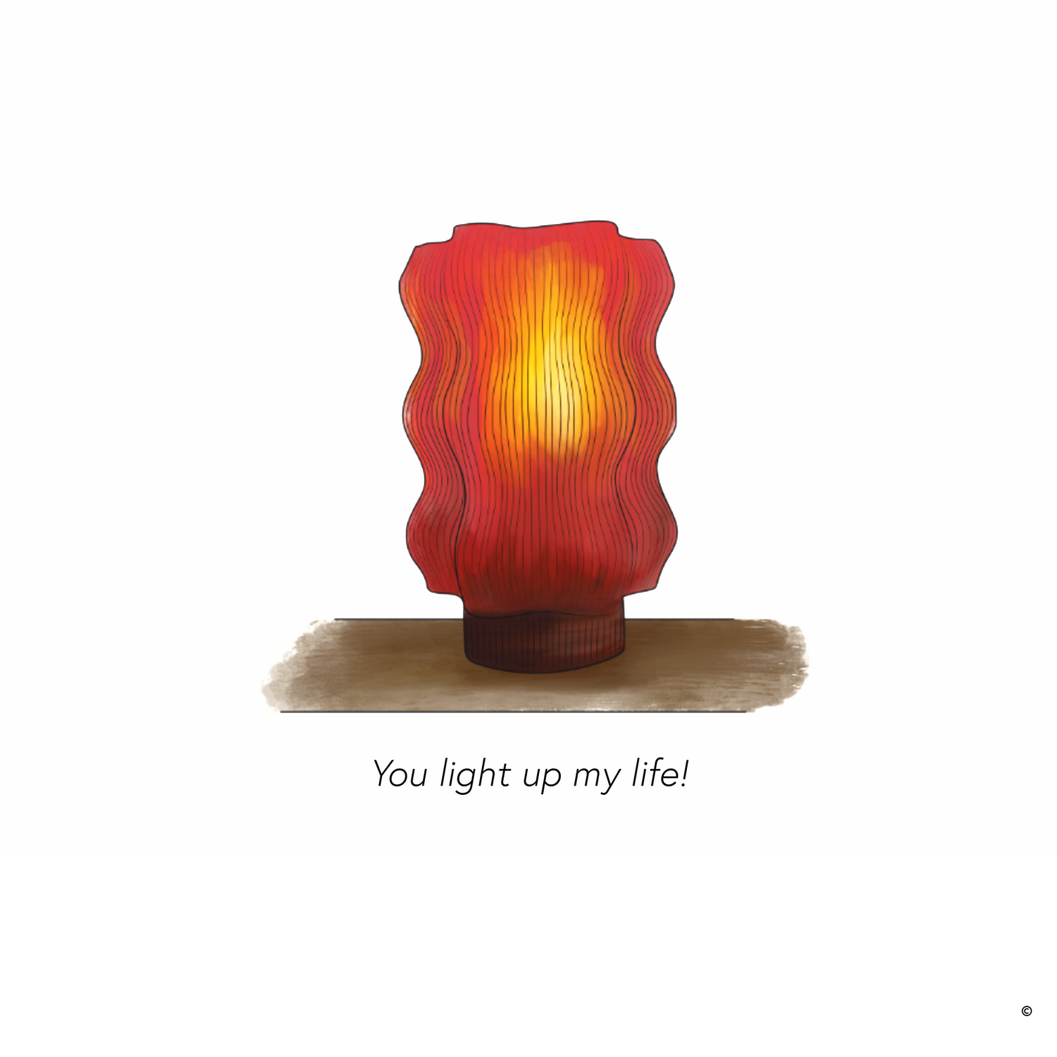 The REEF Table Lamp (Amber) & Card Gift Set features a red and orange abstract lamp on a brown base, accompanied by a card with "You light up my life!" Perfect for a romantic gesture or thoughtful gift.